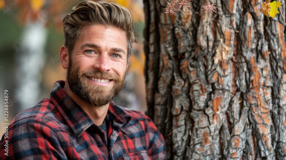 Cheerful lumberjack in a checkered shirt relaxing near a big tree, smiling widely at the camera. Cheerful lumberjack in a checkered shirt relaxing near a big tree, smiling widely at the camera.