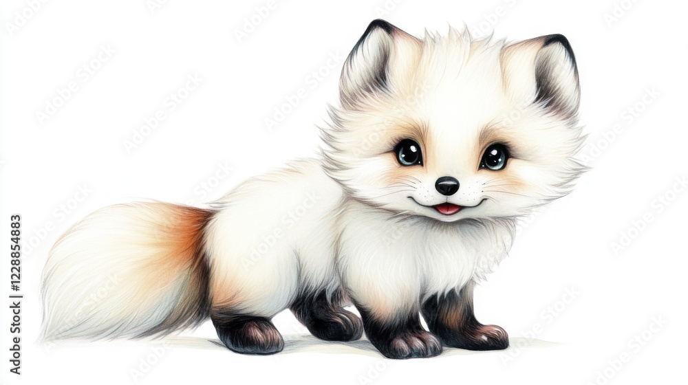 Obraz premium Adorable Fluffy White Fox Kit Illustration with Orange Tail