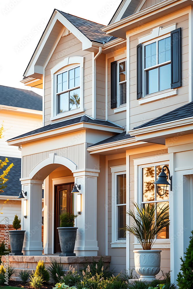 Obraz premium Luxury Dream Home Exterior: Modern Architecture and Landscaping Design. A stunning showcase of elegant home design, featuring beautiful architecture, landscaping, and curb appeal.