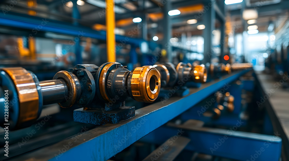 Obraz premium Industrial factory machinery close-up; metal parts, production line, background blurred. Use Industrial manufacturing, engineering