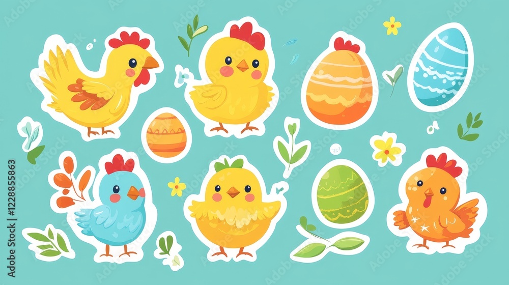 Naklejka premium Set of Easter stickers. Cartoon chick, chicken, Easter eggs. Vector flat illustration. Isolated background.