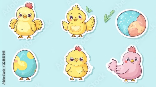 Set of Easter stickers. Cartoon chick, chicken, Easter eggs. Vector flat illustration. Isolated background.