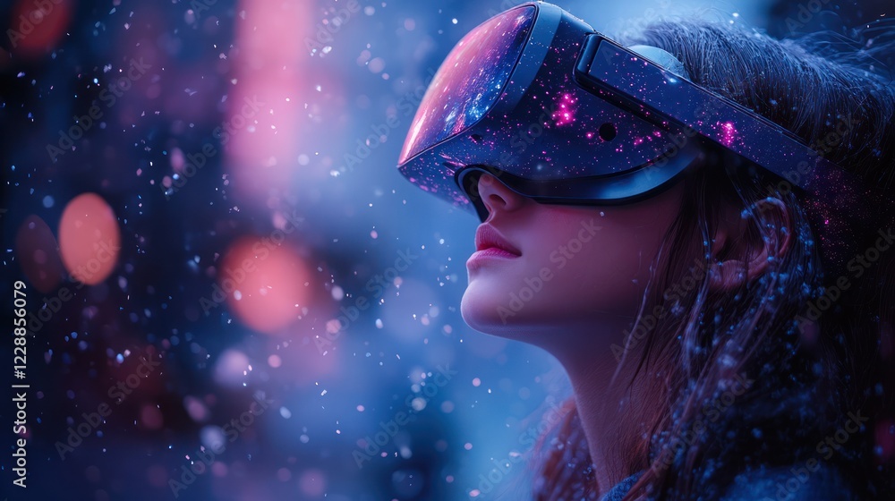 VR headset experience at night outdoors in snowfall VR headset experience at night outdoors in snowfall