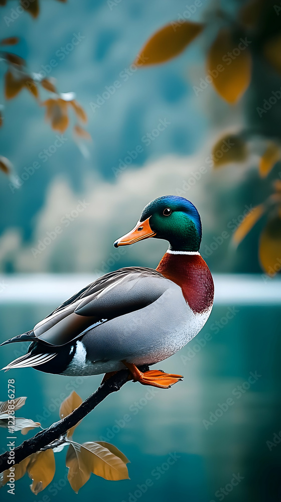 Obraz premium Male mallard duck perched on branch, autumn lake background. Nature wildlife photography for websites, blogs, and publications