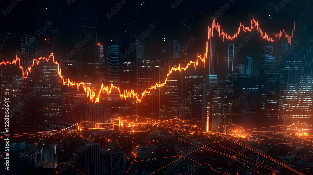 Night city skyline with fluctuating stock market graph overlay; financial market data visualization for business reports Night city skyline with fluctuating stock market graph overlay; financial market data visualization for business reports