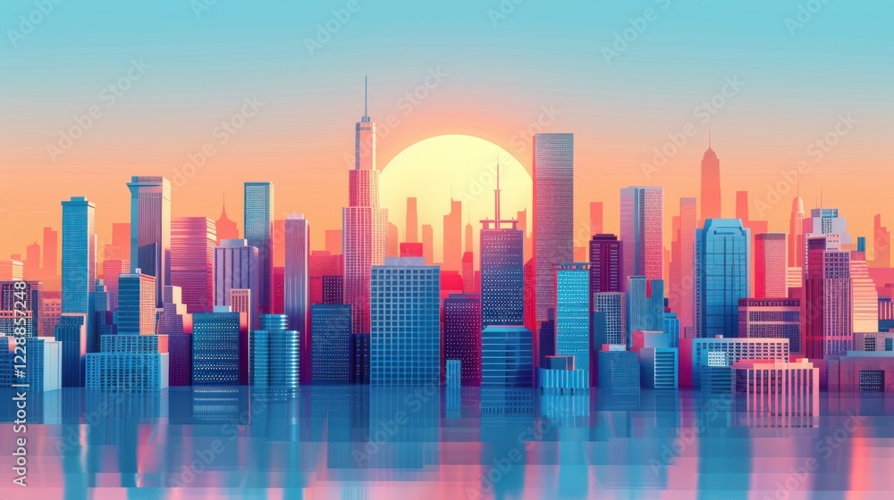 A futuristic cityscape drawing featuring tall colorful buildings in shades of blue, pink and red on a riverbank with the rising sun in the background. A futuristic cityscape drawing featuring tall colorful buildings in shades of blue, pink and red on a riverbank with the rising sun in the background.