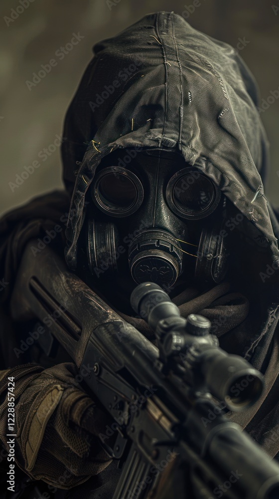 An armed soldier in futuristic gear including a hooded cloak and gas mask aims an automatic rifle, depicted in a camouflage environment, emphasizing readiness and combat effectiveness. An armed soldier in futuristic gear including a hooded cloak and gas mask aims an automatic rifle, depicted in a camouflage environment, emphasizing readiness and combat effectiveness.
