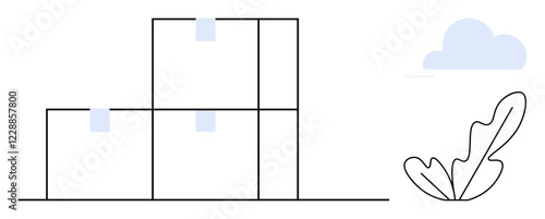 Stacked boxes with labels suggest storage or organization, paired with a cloud and leaf element denoting nature. Ideal for business, logistics, minimalism, sustainability, organization, balance