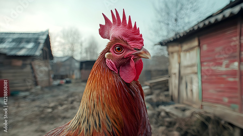 Rooster portrait, rural farm, weathered buildings background; poultry farming image photo