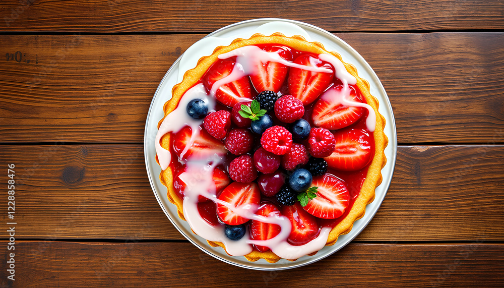 An artistic overhead shot of a vibrant fruit tart with a perfectly arranged mixture of berries and a shiny glaze, presented on a vintage wooden surface An artistic overhead shot of a vibrant fruit tart with a perfectly arranged mixture of berries and a shiny glaze, presented on a vintage wooden surface