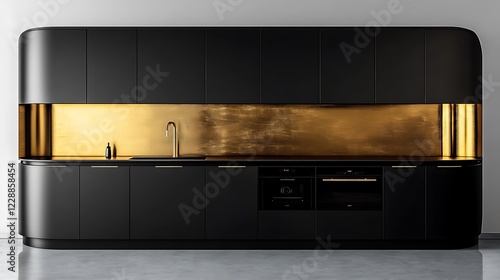 Minimalist kitchen design with matte black cabinetry and gold accents