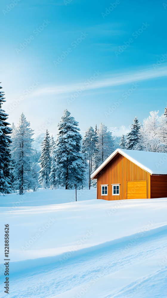 Snowy mountain cabin winter landscape, idyllic scene for travel brochure Snowy mountain cabin winter landscape, idyllic scene for travel brochure