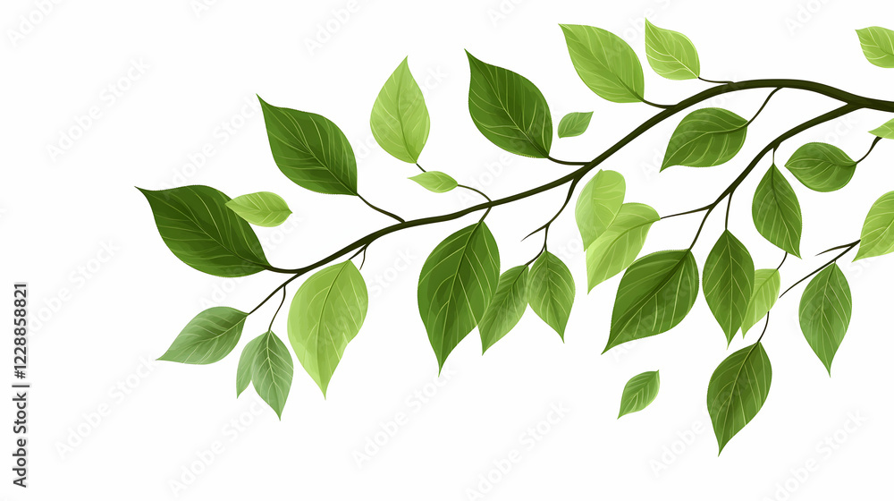 Spring branch with green leaves, isolated on white background. Perfect for nature, ecology, or spring themes Spring branch with green leaves, isolated on white background. Perfect for nature, ecology, or spring themes