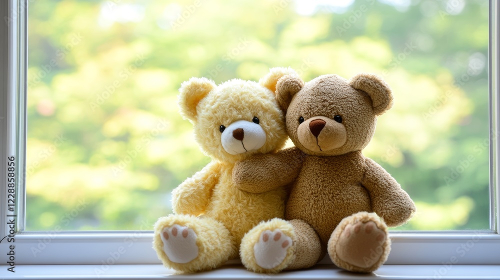 Obraz premium Two embracing loving teddy bear toys sitting on window-sill