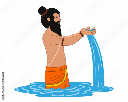 hindu sadhu worshipping lord in maha kumbh mela in river vector design.