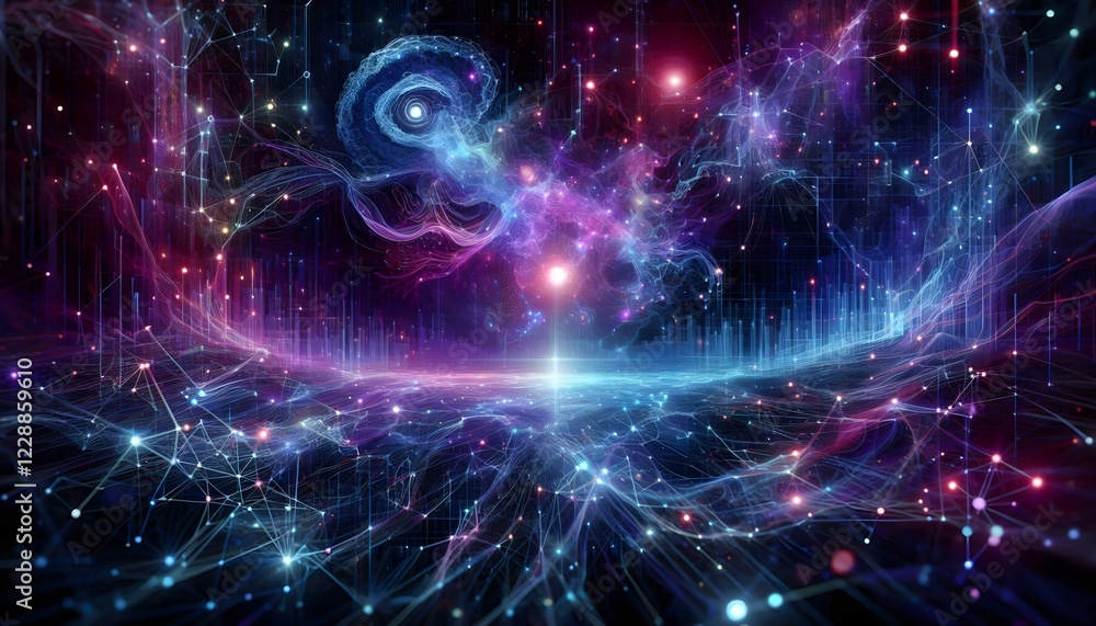 Fototapeta premium An abstract AI-generated concept art featuring neural connections, glowing quantum particles, and futuristic data visualization with deep blue and electric violet color tones