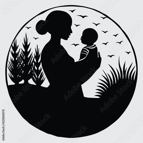 A mother and child walking hand-in-hand on a beach  silhouette image vector art and illustration

