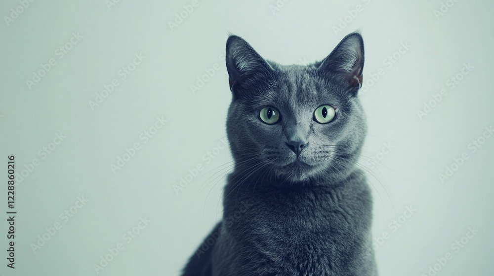 Russian Blue cat with green eyes staring at the camera. Russian Blue cat with green eyes staring at the camera.