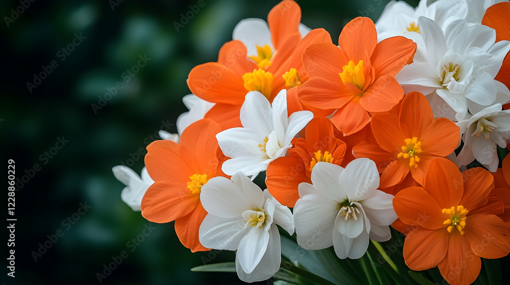 Naklejka premium Vibrant orange and white flowers bouquet, close-up shot, blurred green background, perfect for greeting cards