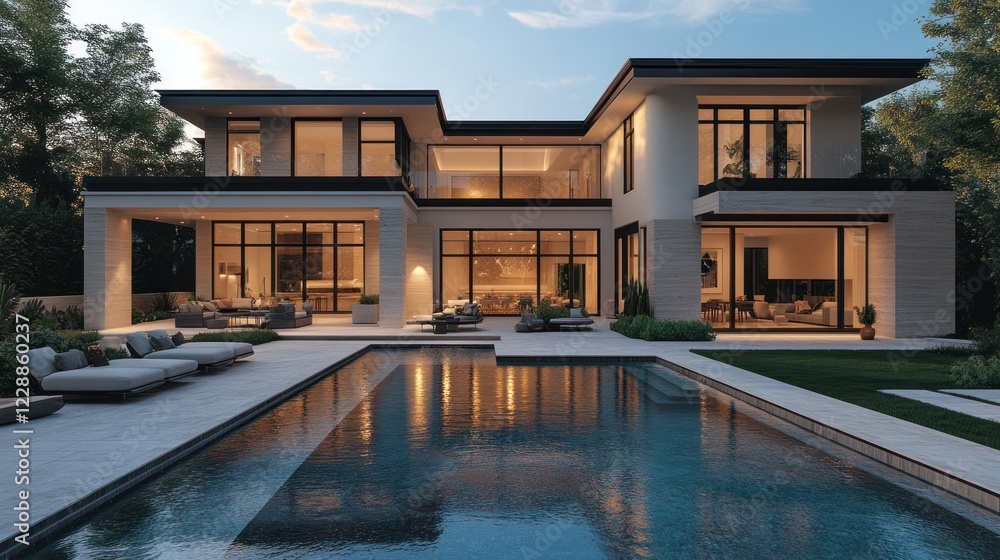 Modern house twilight poolside backyard luxury Modern house twilight poolside backyard luxury
