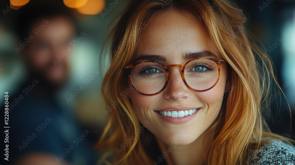 Smiling woman in glasses, cafe setting, blurred background Smiling woman in glasses, cafe setting, blurred background