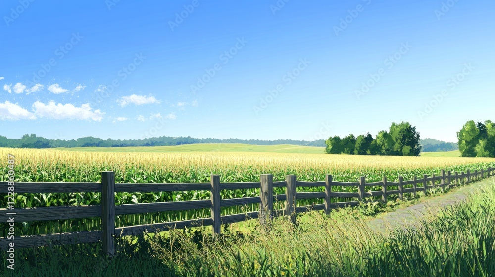 Fototapeta premium Sunny day, cornfield, wooden fence, rural road