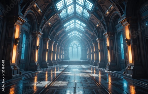 Grand Gothic Hallway: Serene Blue Light and Polished Floors photo