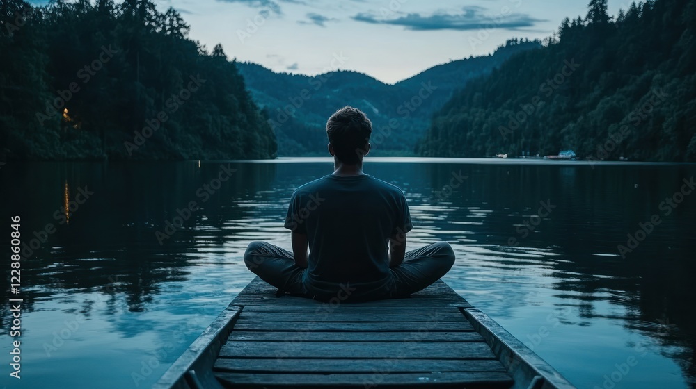 Man Meditating on Lakeside Dock at Dusk Man Meditating on Lakeside Dock at Dusk