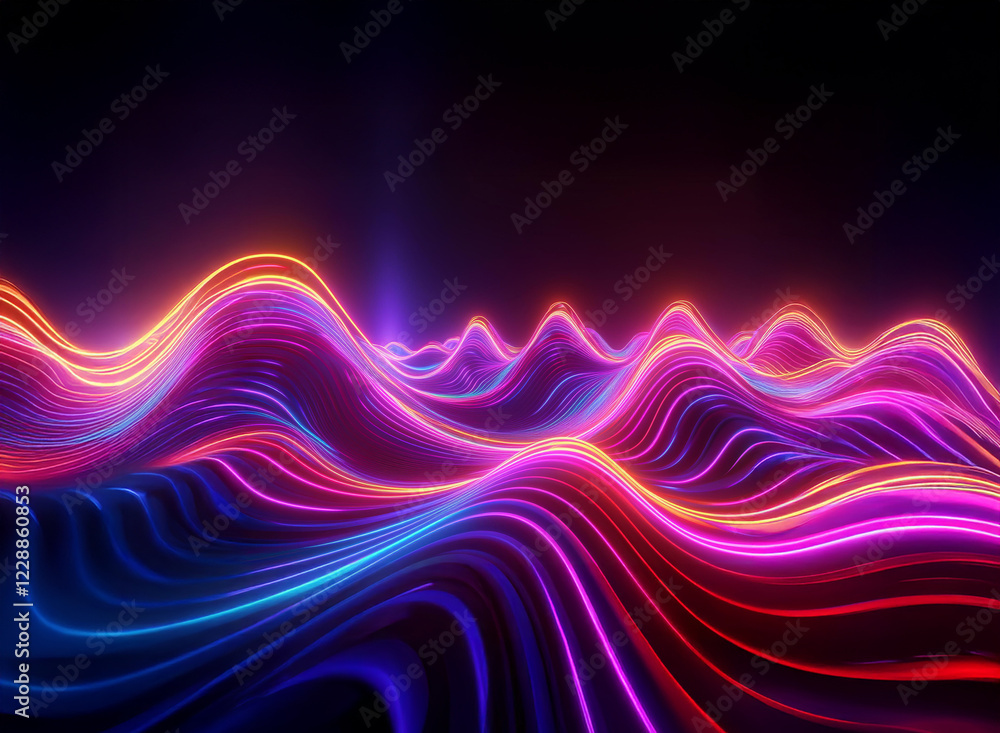 Vibrant, glowing neon waves undulate across a dark background, creating an abstract, dynamic landscape. The colors shift and blend, producing a mesmerizing effect. Vibrant, glowing neon waves undulate across a dark background, creating an abstract, dynamic landscape. The colors shift and blend, producing a mesmerizing effect.