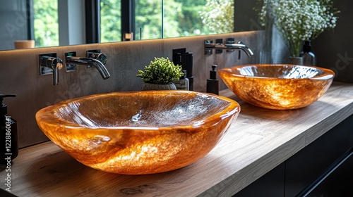 Amber sinks, modern bathroom, wood vanity, window view photo