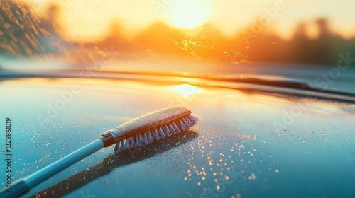 Brushes on the windshield of the car against the backdrop of soft rays of the sun sunset Concept for cleaning products polishing anti-rain photo