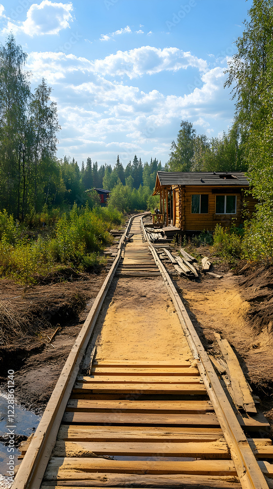 Abandoned railway track near wooden cabin, summer day, forest background; travel, tourism Abandoned railway track near wooden cabin, summer day, forest background; travel, tourism