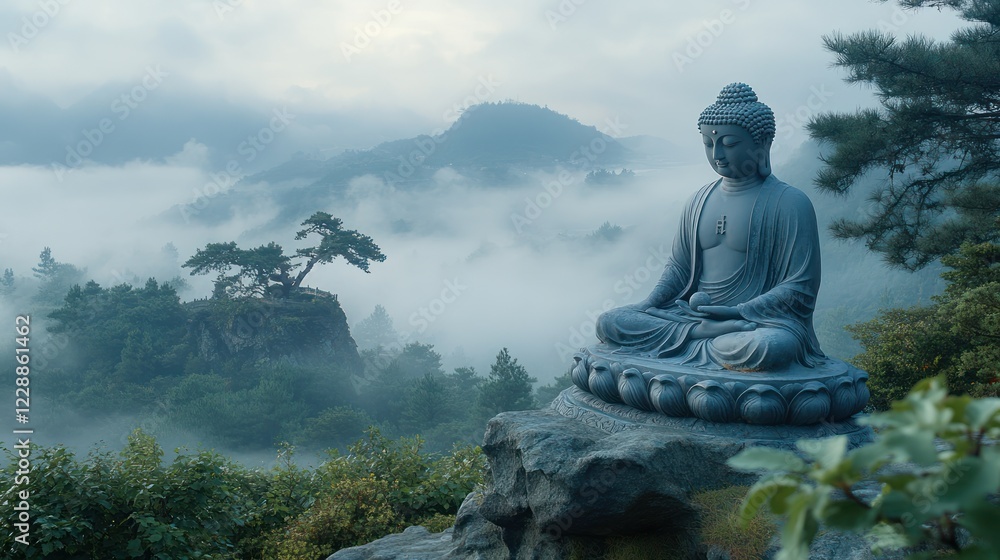 Serene Buddha statue, mountaintop, misty dawn, peaceful meditation, travel poster Serene Buddha statue, mountaintop, misty dawn, peaceful meditation, travel poster