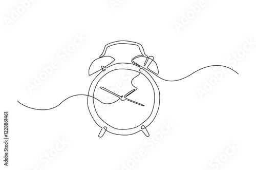 Alarm clock in continuous one line drawing. Single line art draw of vintage alarm clock. Editable vector.