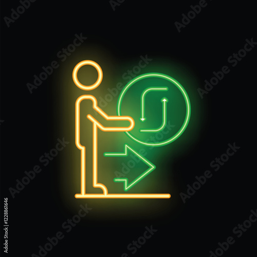 Neon style icon of a businessman holding a recycling symbol and following the right arrow, perfect for projects related to sustainability