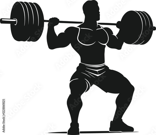 Weightlifter lifts big barbell bodybuilder silhouette vector.