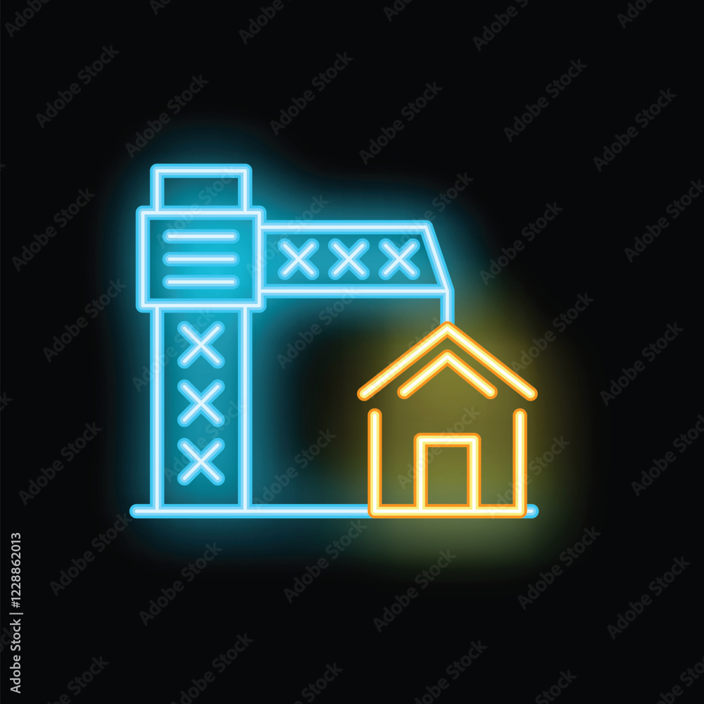 Glowing neon icon representing the concept of home delivery service with a warehouse and a house Glowing neon icon representing the concept of home delivery service with a warehouse and a house