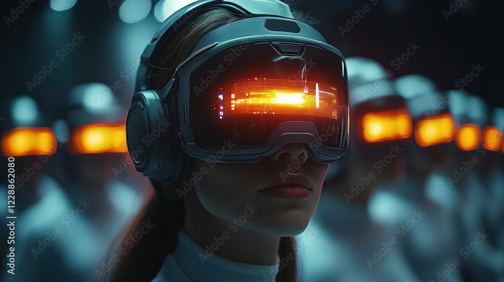 Woman wearing VR headset, futuristic crowd, dark setting, technology demo