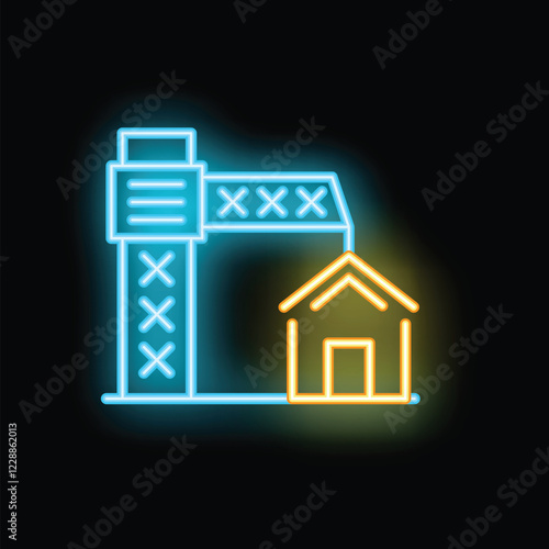 Glowing neon icon representing the concept of home delivery service with a warehouse and a house