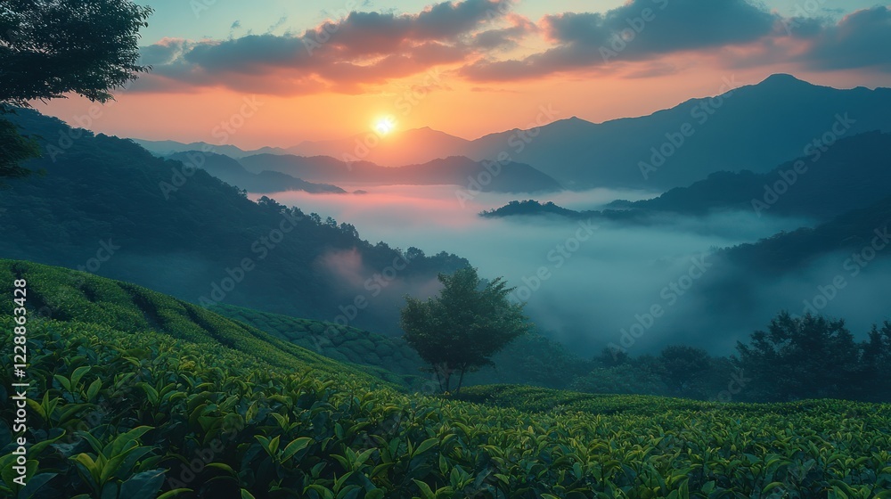 Obraz premium Sunrise over misty mountain tea plantation
