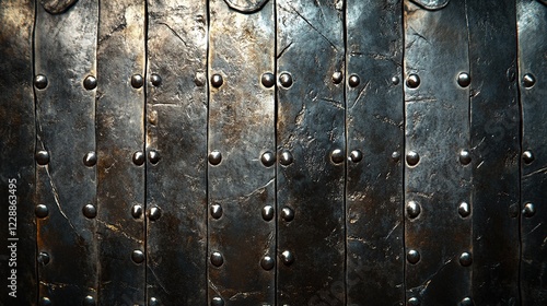 Close-up of dark, riveted metal plates.