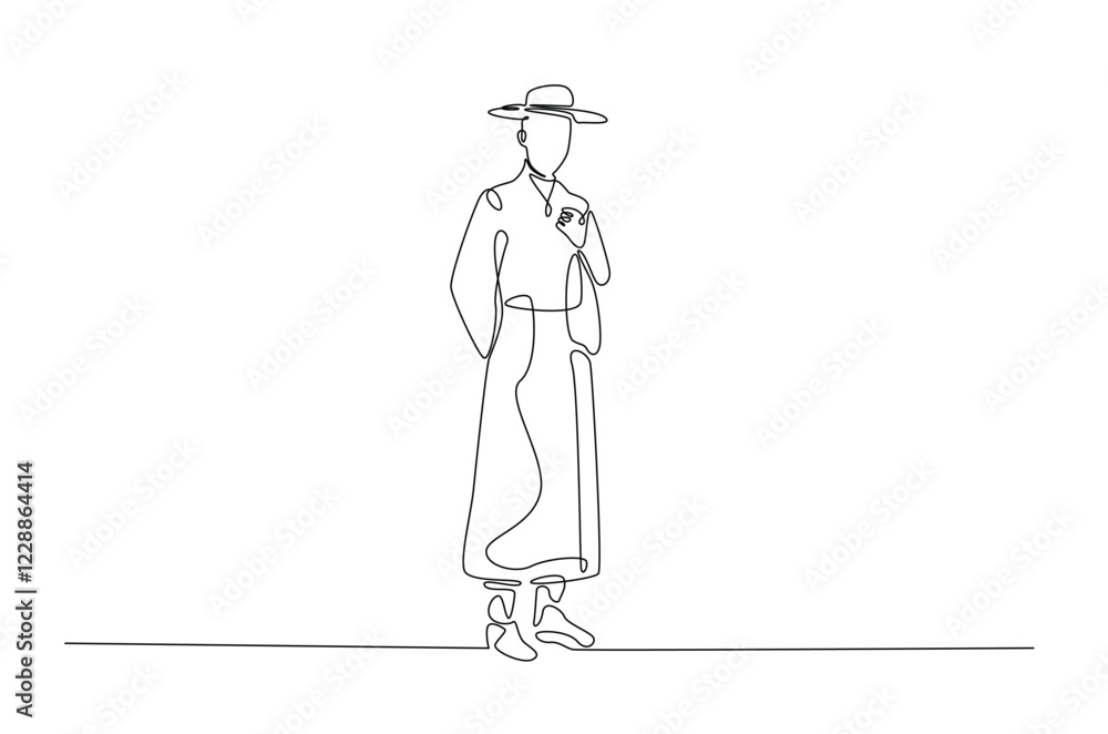 Man wearing hanbok with hat or heuklip in continuous one line drawing. Single line art draw of Korean Man wearing traditional cloth . Editable vector. Man wearing hanbok with hat or heuklip in continuous one line drawing. Single line art draw of Korean Man wearing traditional cloth . Editable vector.