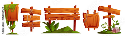 Jungle wood sign boards set isolated on white. Vector cartoon illustration of old wooden plaques with stone, grass and liana vines, welcome banner, game menu frame, direction indicator, gui nameplate