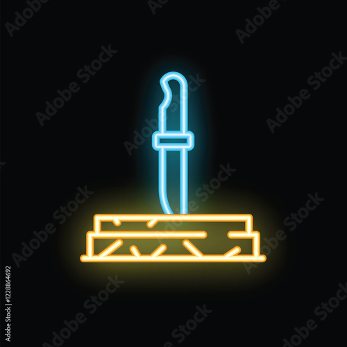 Glowing neon line knife stuck in the ground icon isolated on black background, vector illustration