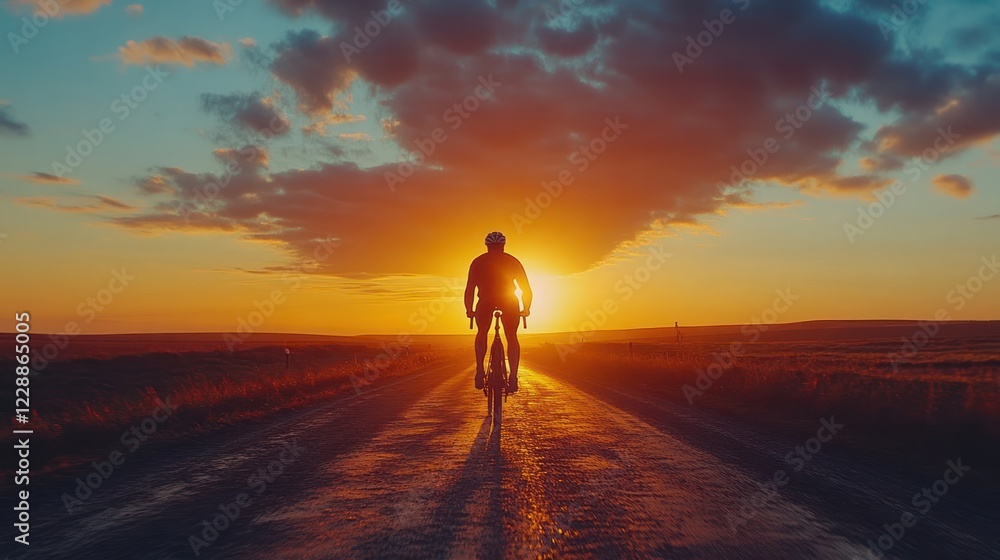 Cyclist silhouetted against a vibrant sunset on a country road. Cyclist silhouetted against a vibrant sunset on a country road.