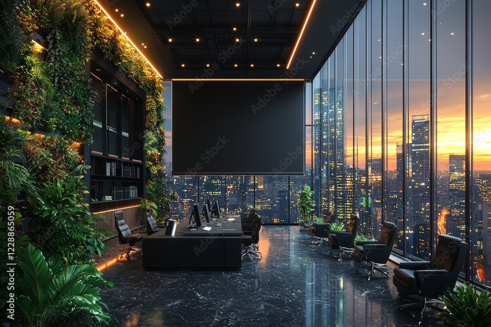 Modern Luxury Office with Cityscape View and Green Wall Modern Luxury Office with Cityscape View and Green Wall