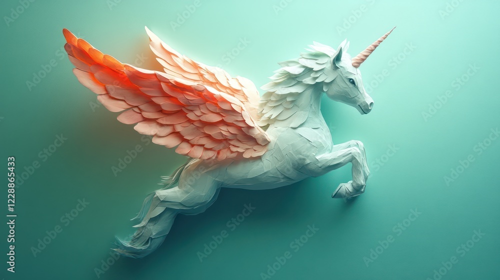 Fototapeta premium Aligon, a majestic winged unicorn, leaps gracefully against a teal backdrop.
