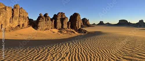 Sanddunes and rock towers at Tiou Tatarene, Tassili n´ Ajjer National Park, Unesco World Heritage Site, Sahara desert, Algeria, Africa