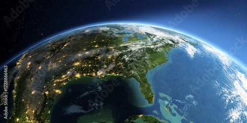 Fototapeta Naklejka Na Ścianę i Meble -  Highly detailed Earth with atmosphere, exaggerated relief and light-flooded cities. Transition from night to day. North America. Gulf of Mexico and Florida. 3D rendering. Elements of this image furnished by NASA