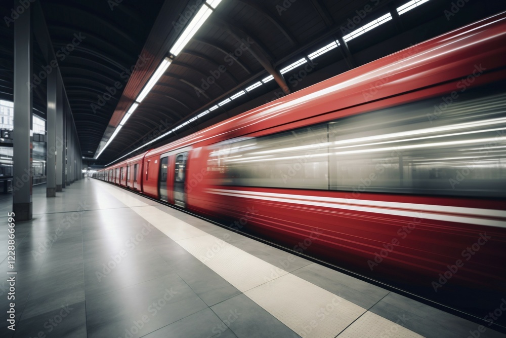 Fast red train passing station platform. KI generiert, generiert AI generated Fast red train passing station platform. KI generiert, generiert AI generated